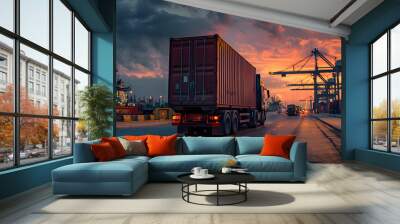 Truck trailer on the pier in the cargo port terminal with cranes and containers. AI Generated Wall mural