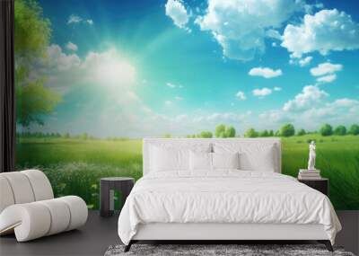 Beautiful meadow field with fresh grass and white flowers in nature against a blurry blue sky with clouds. Summer spring green natural landscape. Generative ai Wall mural