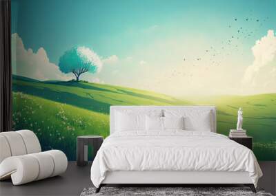 Flat meadow landscape with green grass. Valley landscape with blue sky and lonely tree. Empty green field with white clouds on sunny summer day. Green hills landscape background. Generative ai Wall mural