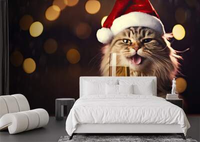 funny cat in santa hat holding champagne Wall mural