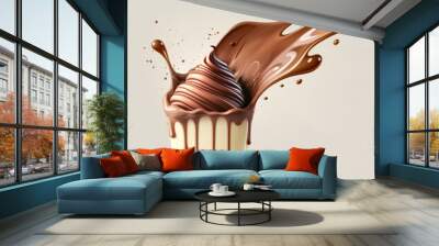 Iced caramel chocolate ice cream topped with splash whipped cream and caramel sauce, refreshing and sweet dessert drink isolated on white background illustration for web site generative ai Wall mural