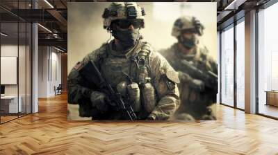 Squad of Two Fully Equipped and Armed US Soldiers Standing on Hill in Desert Environment in Sunset Light. Generative ai Wall mural