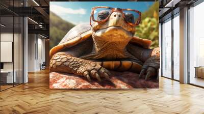 turtle in sunglasses resting and sunbathing in the sun, summer vacation background, generative ai Wall mural