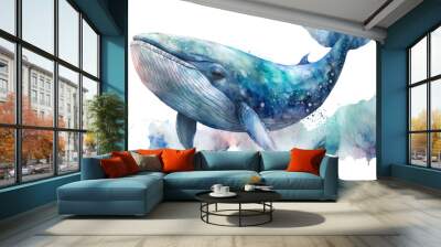 Watercolor blue whale illustration isolated on white background. Generative ai Wall mural