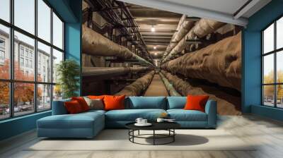 Underground concrete utility tunnel with pipes and wires lit by tungsten bulbs.. This tunnel gives energy, water and heat for industrial and apartment buildings. Wall mural