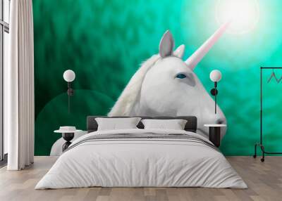 Unicorn magic animal from fairy tales and symbol of most valued startups for business. Mysterious horse with horn on green textures background with flare. 3D render illustration Wall mural