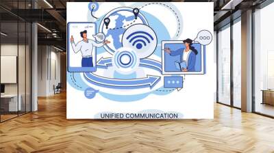 Unified communication with modern gadgets mobile phone and computer, mutual assistance. Business support, project management. Network internet connection, interaction with services of wi fi provider Wall mural