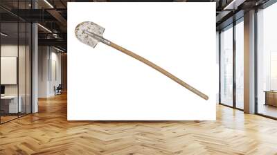 Used shovel in the ground with a bent arm isolated on a white background. Wall mural