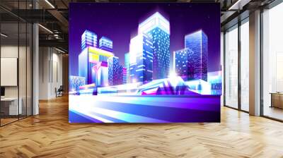 Vector gradient colorful illustration of night neon highway against of office buildings background. Wall mural