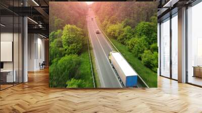 Wagon driving on the highway, aerial. Transport logistics background. Wall mural