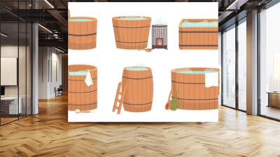 Wooden tub for bath set. Pot, bucket with blue water. Cracks in boards. Sauna water basin icon. Bathhouse element bathtube. Wellness spa procedures in wooden water barrel. Vat made with plank isolated Wall mural