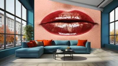 passionate red gloss lips, closeup of beautiful female mouth with sparkling makeup Wall mural