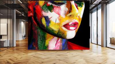 portrait of young woman in colourful paint Wall mural