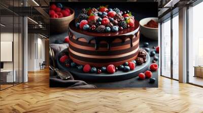 A decadent chocolate dessert Rich chocolate cake with layers of ganache, topped with fresh berries, high contrast, luxurious feel, Stock food Photography Wall mural