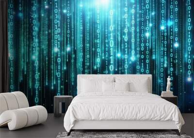 High-definition photo of a science-themed digital code matrix, featuring a complex web of data streams and bright codes floating in a dark virtual space Wall mural