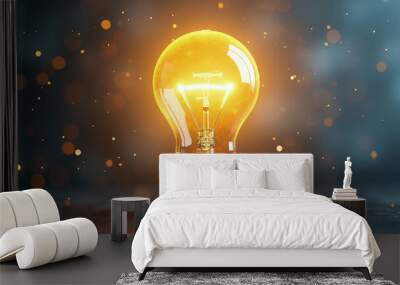 High-quality conceptual stock photo of a glowing light bulb floating above a desk, symbolizing an innovative breakthrough and smart idea Wall mural