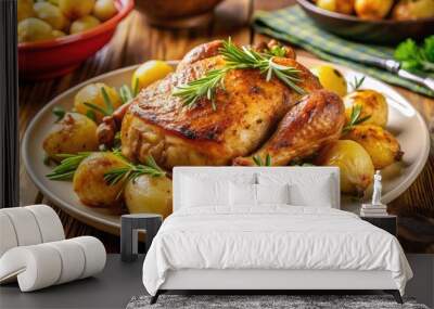 High-resolution close-up photograph of a perfectly roasted chicken breast served with golden, crispy potatoes, garnished with fresh herbs and a drizzle of savory gravy Wall mural