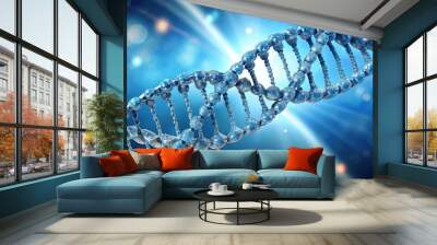 High-resolution digital illustration of a DNA strand with highlighted genetic markers, representing advanced genetic science research, with ample copy space on a soft gradient background Wall mural