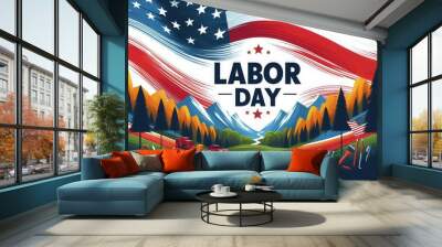 Modern design vector illustration of a ''Labor Day'' greeting card with bold brush stroke background in the colors of the United States national flag, featuring a stylish and contemporary layout Wall mural