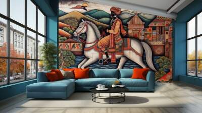 Realistic stock photo of a traditional Madhubani painting depicting a man on a horse, captured in vivid detail on a rustic textured canvas background Wall mural