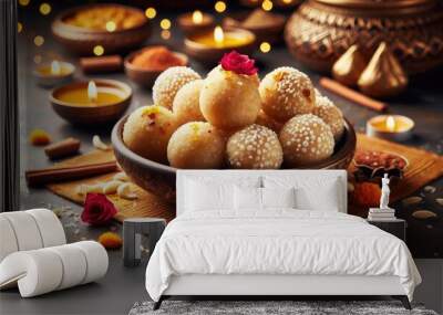 Traditional Indian laddu made from semolina, arranged beautifully on a festive plate with Diwali decorations in the background Wall mural