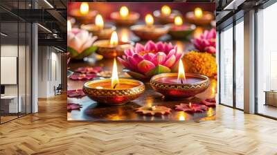 Vibrant Diwali celebration, glowing diyas and lotus flowers floating on water, soft golden light illuminating traditional Indian decor Wall mural