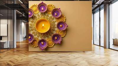 Vibrant top-down view of a purple paint design created for Diwali celebrations, featuring intricate patterns and decorative motifs with plenty of copy space on a colorful background Wall mural