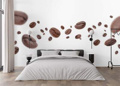 Flying whirl roasted coffee beans in the air studio shot with transparent background png Wall mural