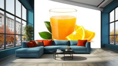 Glass of fresh orange juice isolate on white background, Fresh fruits Orange juice in glass with group of orange on white Wall mural