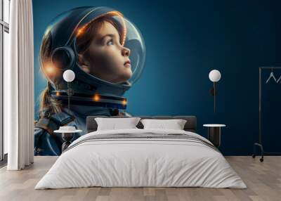 Young girl in a space suit wearing helmet like the cosmonaut isolated on blue background, conceptual of imagination and dream career, generative AI Wall mural