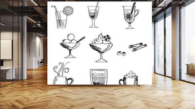 Vector graphic set of drinks, ice cream and spices. Hand drawn sketches Wall mural