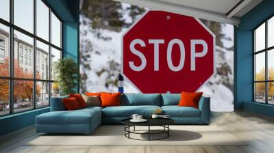 Stop sign with snowy mountain backdrop. Wall mural