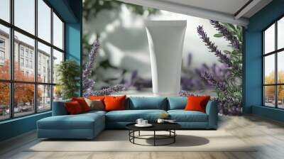 3D product render of a facial cleanser tube, surrounded by lavender and rosemary, bright natural lighting, professionalquality, suitable for product advertising Wall mural