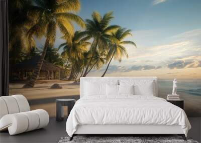 Breathtaking tropical beach scene with swaying palm trees and serene ocean waves under a vibrant sky at sunset. Wall mural