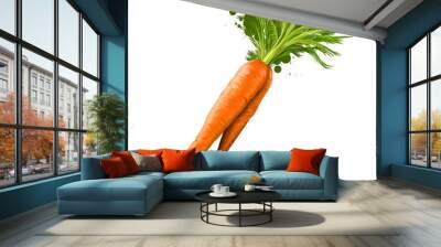 Carrot root vegetable with green leaves isolated on white. Digital art illustration. Organic healthy food. Green vegetable. Graphic design element with splashes. Clipart design of two range carrots. Wall mural