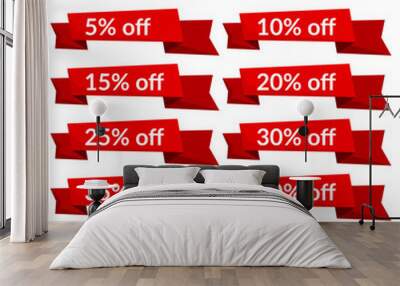 Set of red sale ribbons with different discount values Wall mural