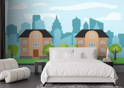 Vector city with two two-story cartoon houses and green trees in the sunny day. Summer urban landscape. Street view with cityscape on a background
 Wall mural