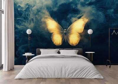 White butterfly silhouette on the background of blue and orange smoke, dark black background․ Wall mural