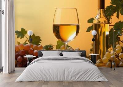 a bottle of white wine and two glasses stand on a table with fruits, grapes and flowers, on a plain background with copy space in a minimalist style stock photography Wall mural