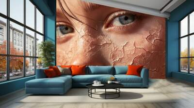 Close up of grey eyed model face wearing cracked dry peach mask. To demonstrate dry textured skin for cosmetic campaign or product advertisement. Wall mural