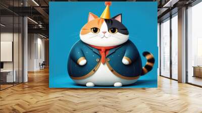 Cute fat cat in a cap and fashionable clothes celebrating his birthday, dynamic, isolated on a blue background.expressive style. For design, print, postcard, greeting card. holiday concept. Wall mural