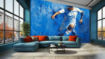 goalball banner, parafootball player with gas bandage, running after the ball, blue and white colors, minimalism, illustration with copy space Wall mural