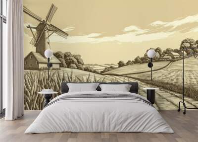 rural landscape with a windmill. farm and wheat field with harvest. autumn nature. vintage engraving style illustration for banner poster background design. Wall mural