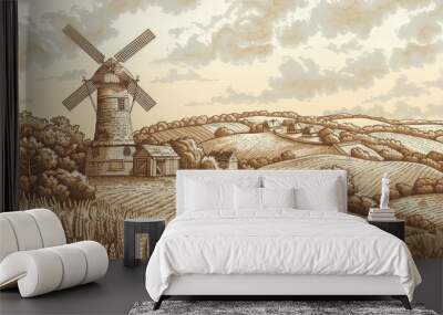 rural landscape with a windmill. farm and wheat field with harvest. autumn nature. vintage engraving style illustration for banner poster background design Wall mural