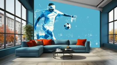 soccer player kicking ball. goalball, blind football player runs after the ball, blue and white colors, minimalism, illustration with copy space Wall mural