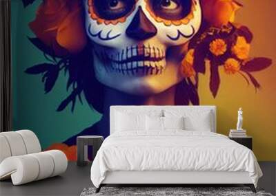 A white mask for Dias de la muerte, day of the dead a mexican celebration, no real Person Wall mural