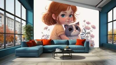 Adorable little girl with a cat ,made with Generative AI Wall mural