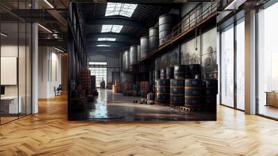 Black casks on pallets in an industrial setting, oil storage facility ,made with Generative AI Wall mural