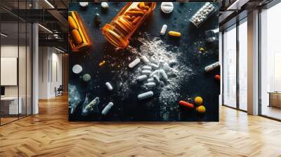 Drug addiction international day against drug abuse and illicit drug trafficking visuals featuring drugs set against a dark backdrop Wall mural