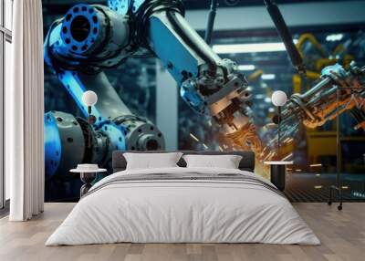 Robotic arms working at the futuristic factory ,industrial welding robots, made with Generative AI Wall mural